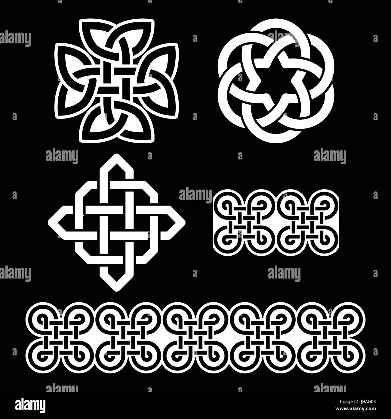 Celtic Irish schemi e nodi - il vettore, il giorno di San Patrizio insieme di tradizionali simboli celtici, nodi, trecce in bianco e nero Illustrazione Vettoriale