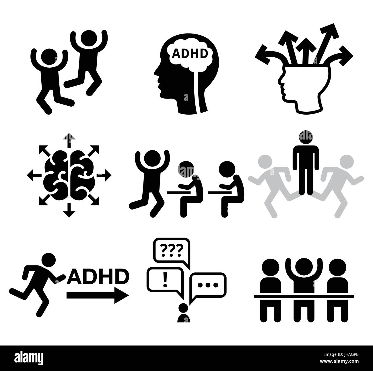 ADHD - disturbo da deficit di attenzione e iperattività icone vettoriali salute set set di icone - La gente desidera aggiungere o ADHD icone isolato su bianco Illustrazione Vettoriale