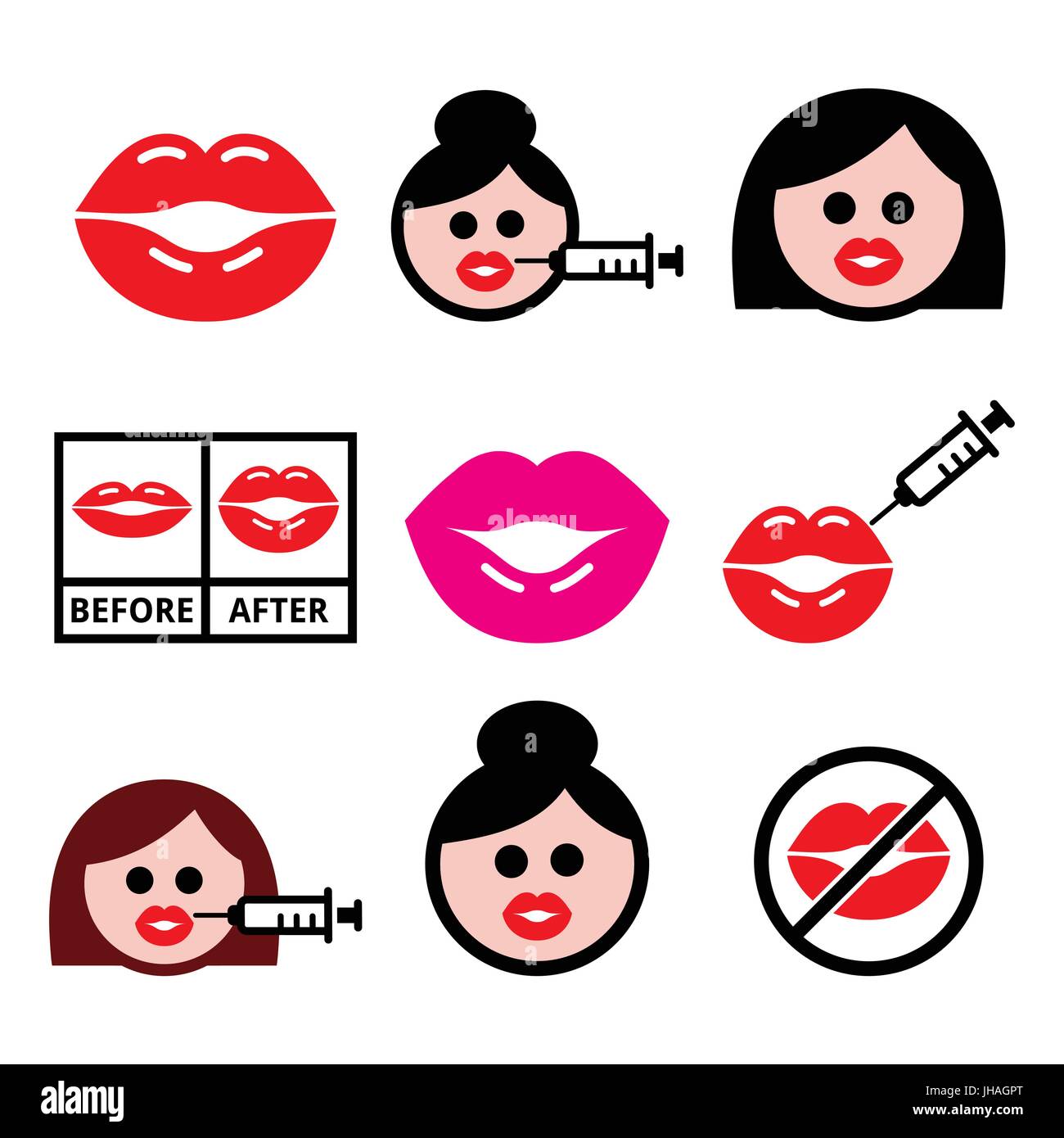 Big Red Lips, labbro augmentation icone - concetto di bellezza il riempimento labbra vettore set di icone isolato su bianco Illustrazione Vettoriale