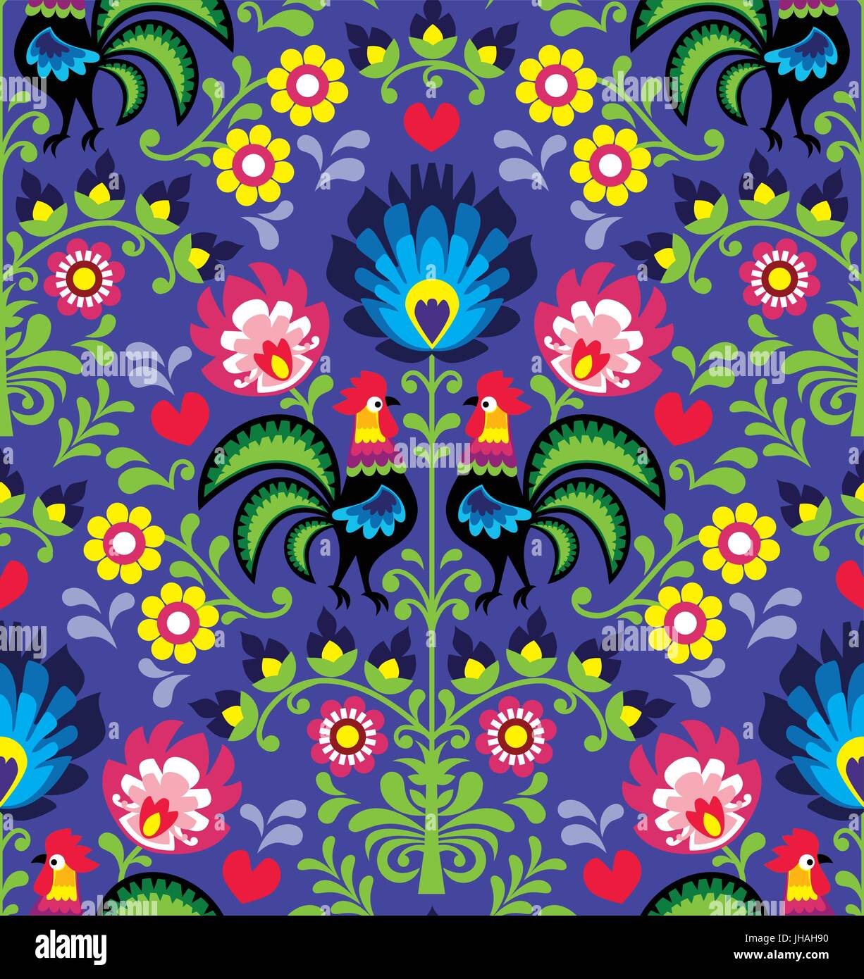 Seamless Polish folk art pattern con galli - Lowickie Wzory, Wycinanka Illustrazione Vettoriale