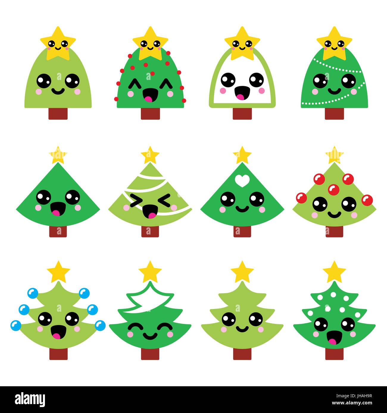 Disegni Di Natale Kawaii.Carino Kawaii Natale Albero Verde Con Stella Vettore Set Di Icone Immagine E Vettoriale Alamy