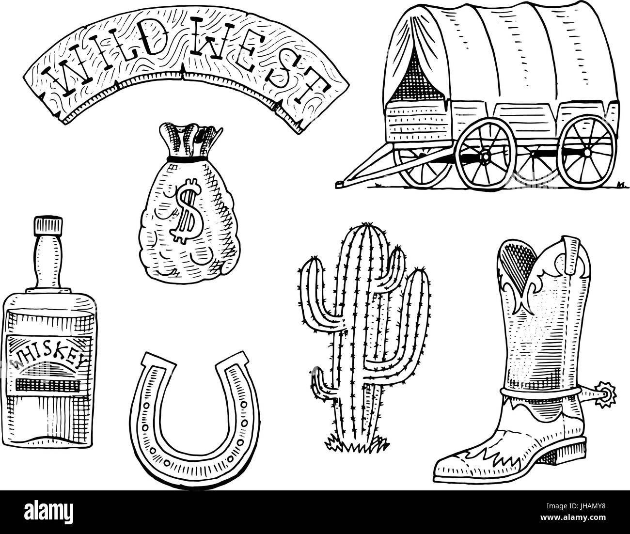 Wild West, rodeo show, sceriffo, cowboy o indiani. carrello e cartello in legno, sacco di denaro, boot con il ferro di cavallo, il whiskey e cactus. incisi disegnati a mano nel vecchio schizzo o stampa in bianco e nero e in stile vintage. Illustrazione Vettoriale