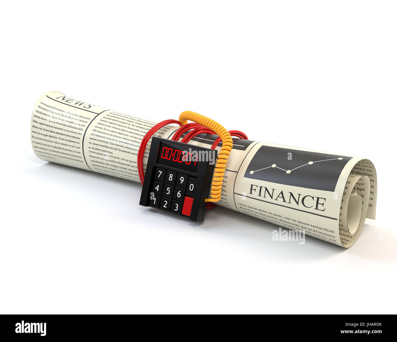 Il giornale con le notizie finanziarie e orologeria, isolato su uno sfondo bianco. Il concetto di guerra informatica. 3d'illustrazione. Foto Stock