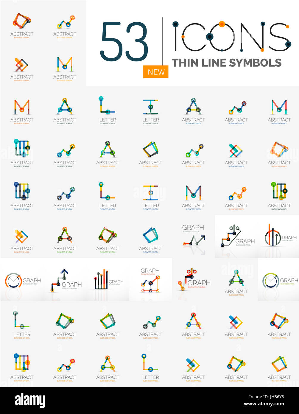 Raccolta di lineare di loghi aziendali - i grafici di lettere e astratto forme universale. Crescente stats finanziare i concetti, pulito e moderno, simboli grafici. La crusca Foto Stock