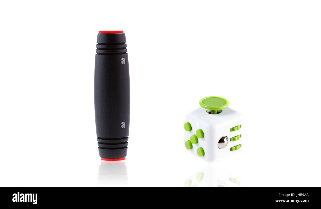 Anti-stress e relax gli si agitano, cubo e spinner per persone esauste Foto Stock