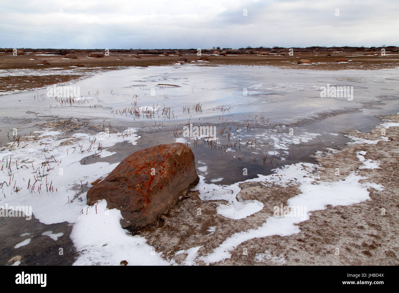 Roccia sulla riva congelati della Baia di Hudson in Manitoba, Canada. La baia si blocca ogni autunno. Foto Stock