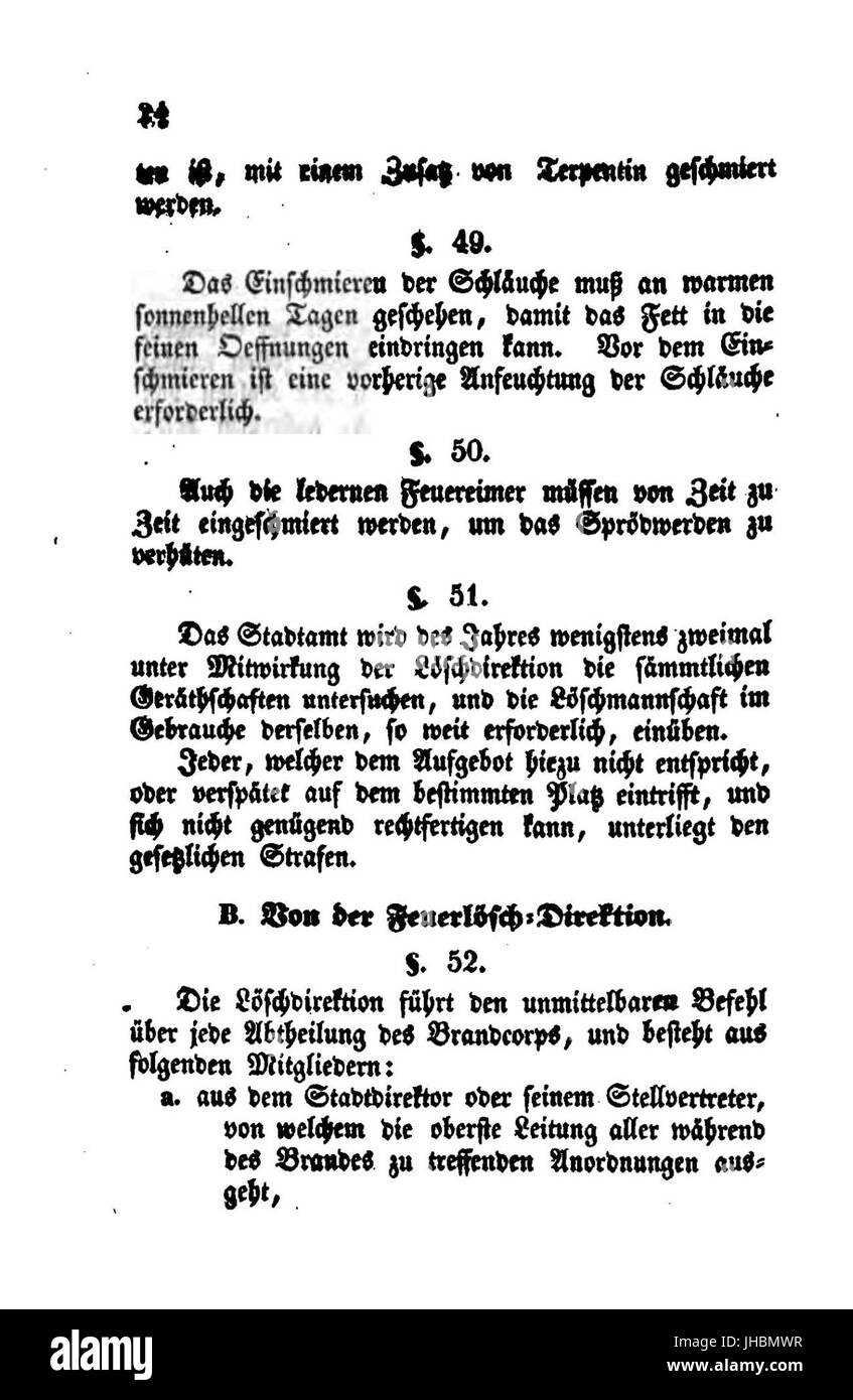 Un'immagine storica che mostra il regolamento e l'ordine della Feuerpolizei (polizia dei vigili del fuoco) a Friburgo, Germania. Questo documento evidenzia le misure adottate per la prevenzione e la sicurezza degli incendi in un'epoca passata. Foto Stock