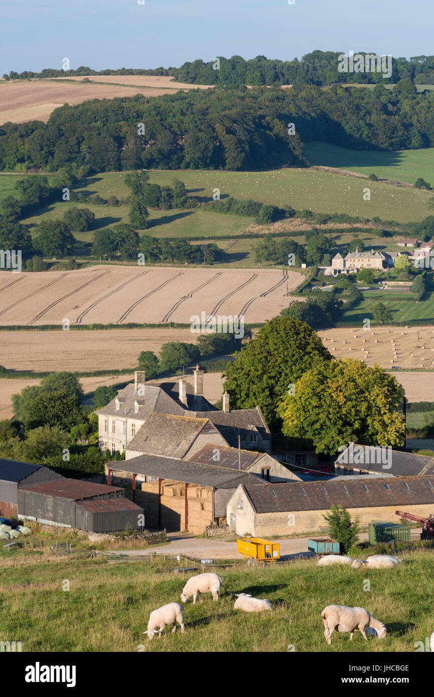 Vista su Wadfield farm e Cotswold farmland in estate, Winchcombe, Cotswolds, Gloucestershire, England, Regno Unito, Europa Foto Stock