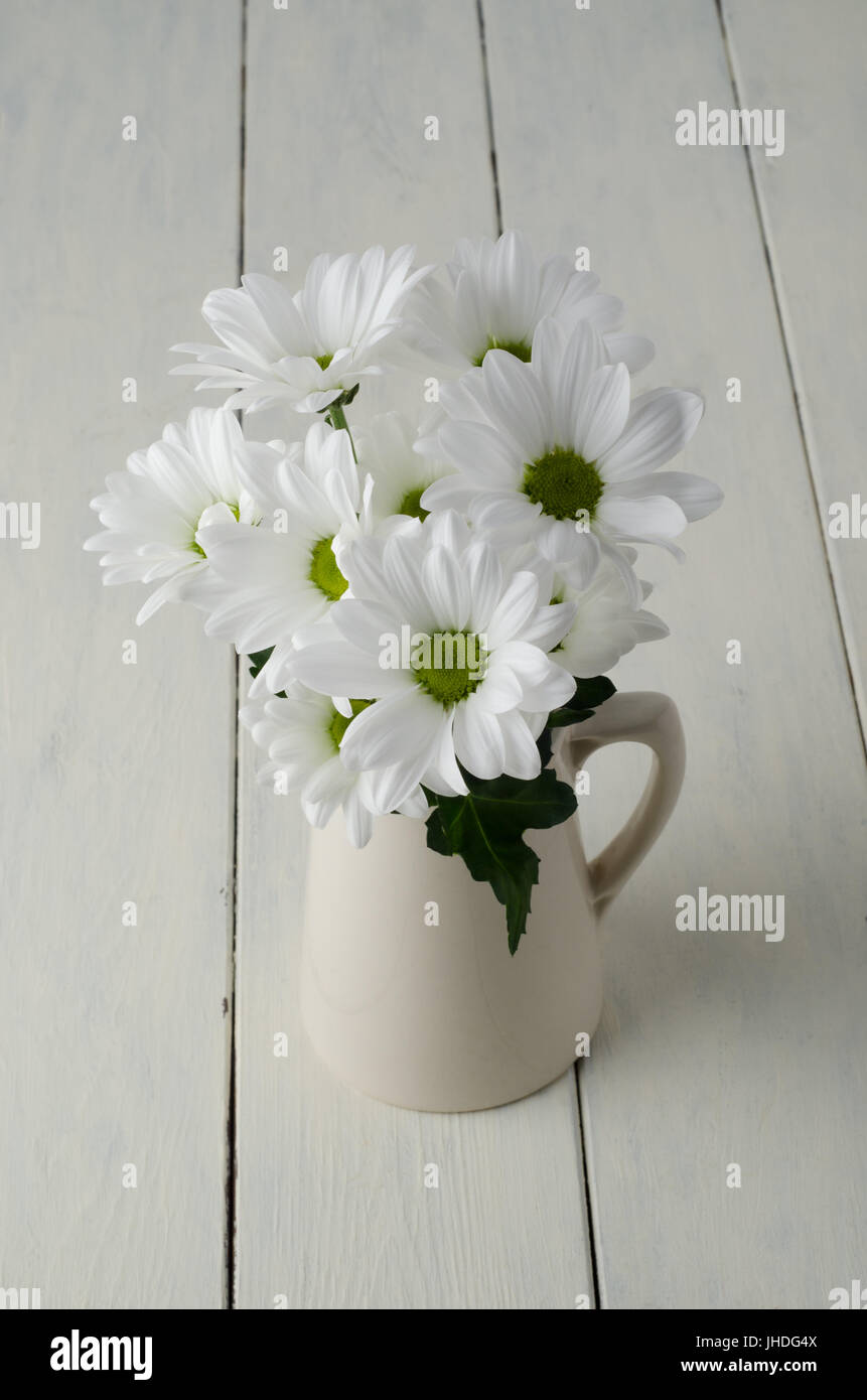 Un mazzetto di fiori bianchi (crisantemi) con foglia verde in una caraffa beige cremoso su off-verniciato bianco tavole di legno. Foto Stock