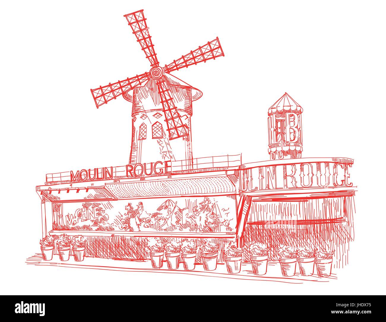 Il cabaret Moulin Rouge (punto di riferimento di Parigi, Francia) vettore isolato del disegno a mano illustrazione in colore rosso su sfondo bianco Illustrazione Vettoriale