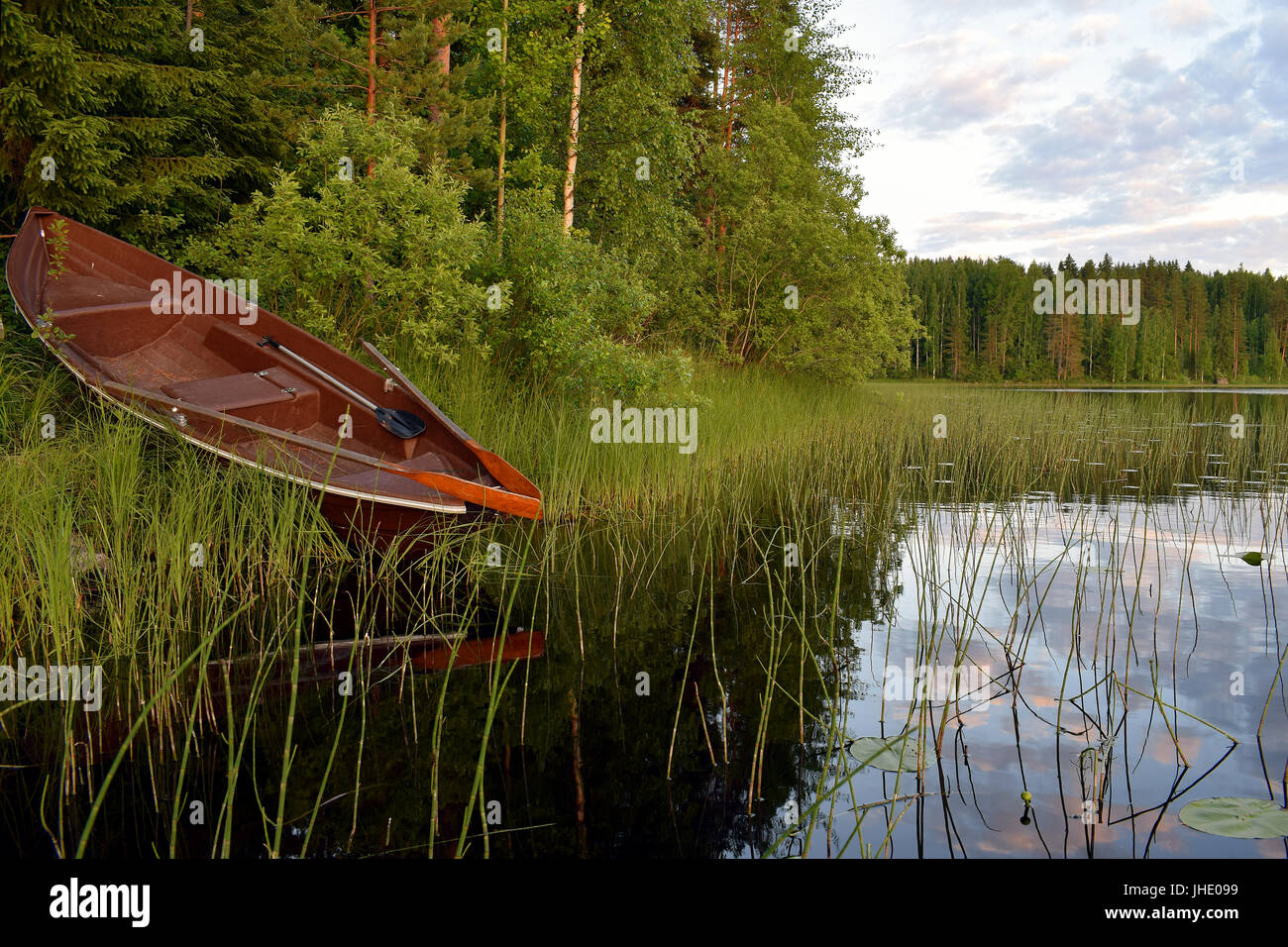 Una barca a remi lungo la riva del lago. Foto Stock