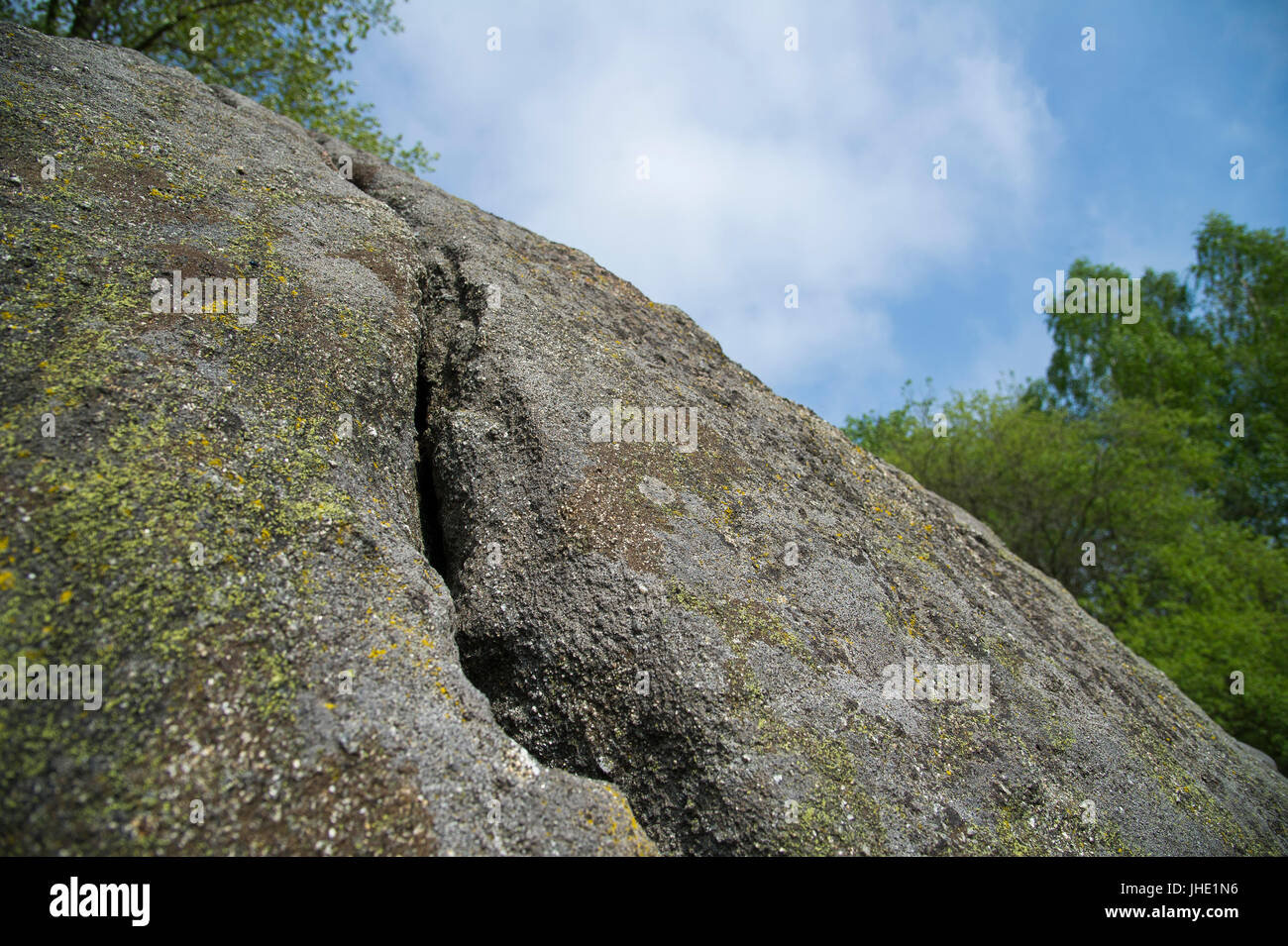 Glaciale chiamato irregolare del diavolo (pietra Diabelski Kamien) nel Zurawie Blota Riserva nel Kamienna Gora, Polonia 20 maggio 2017 © Wojciech Strozyk / Alamy S Foto Stock