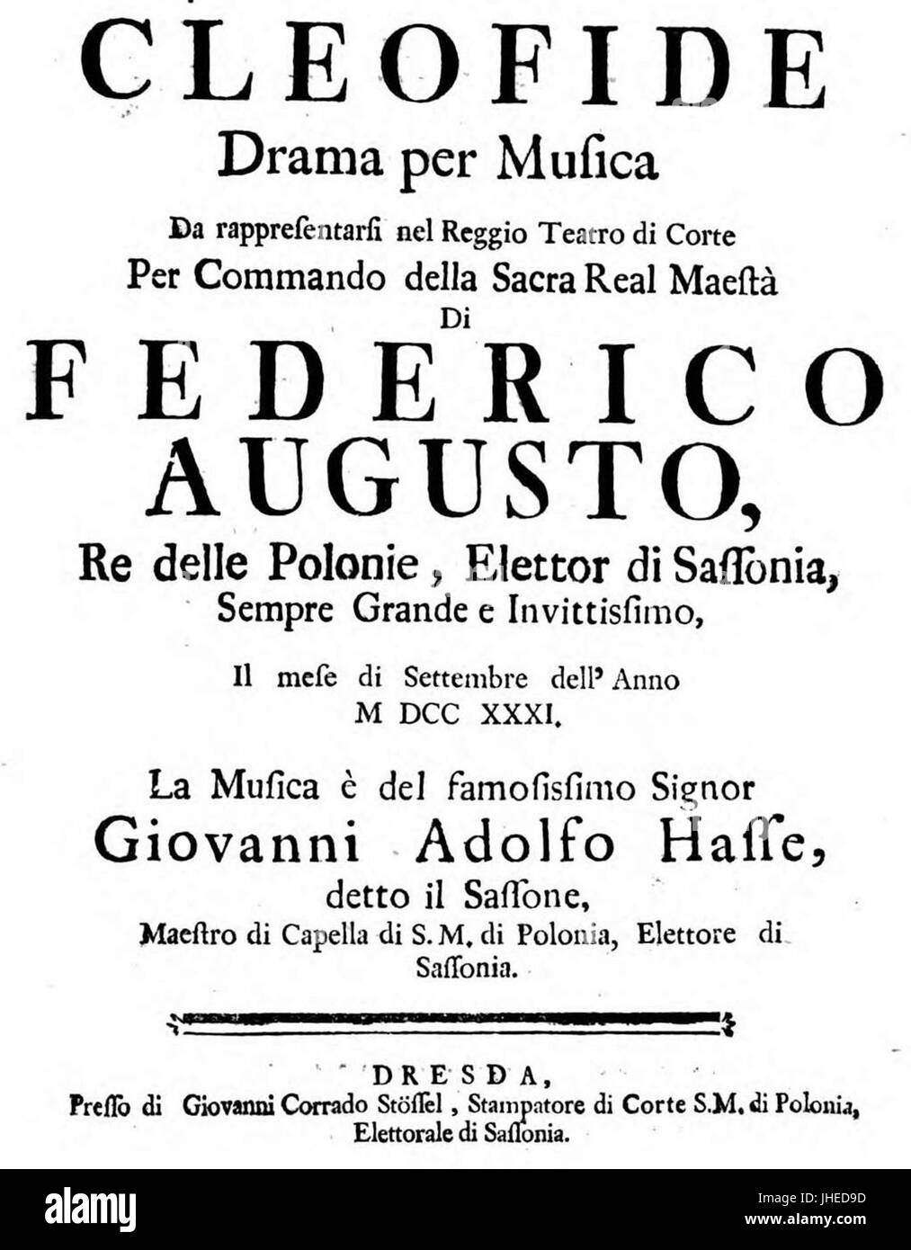 Johann Adolph Hasse - Cleofide - titlepage del libretto - Dresda 1731 Foto Stock