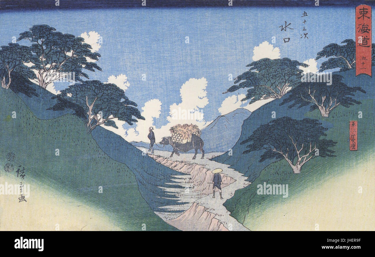 Hiroshige uomo porta un bue tra pendii montani Foto Stock