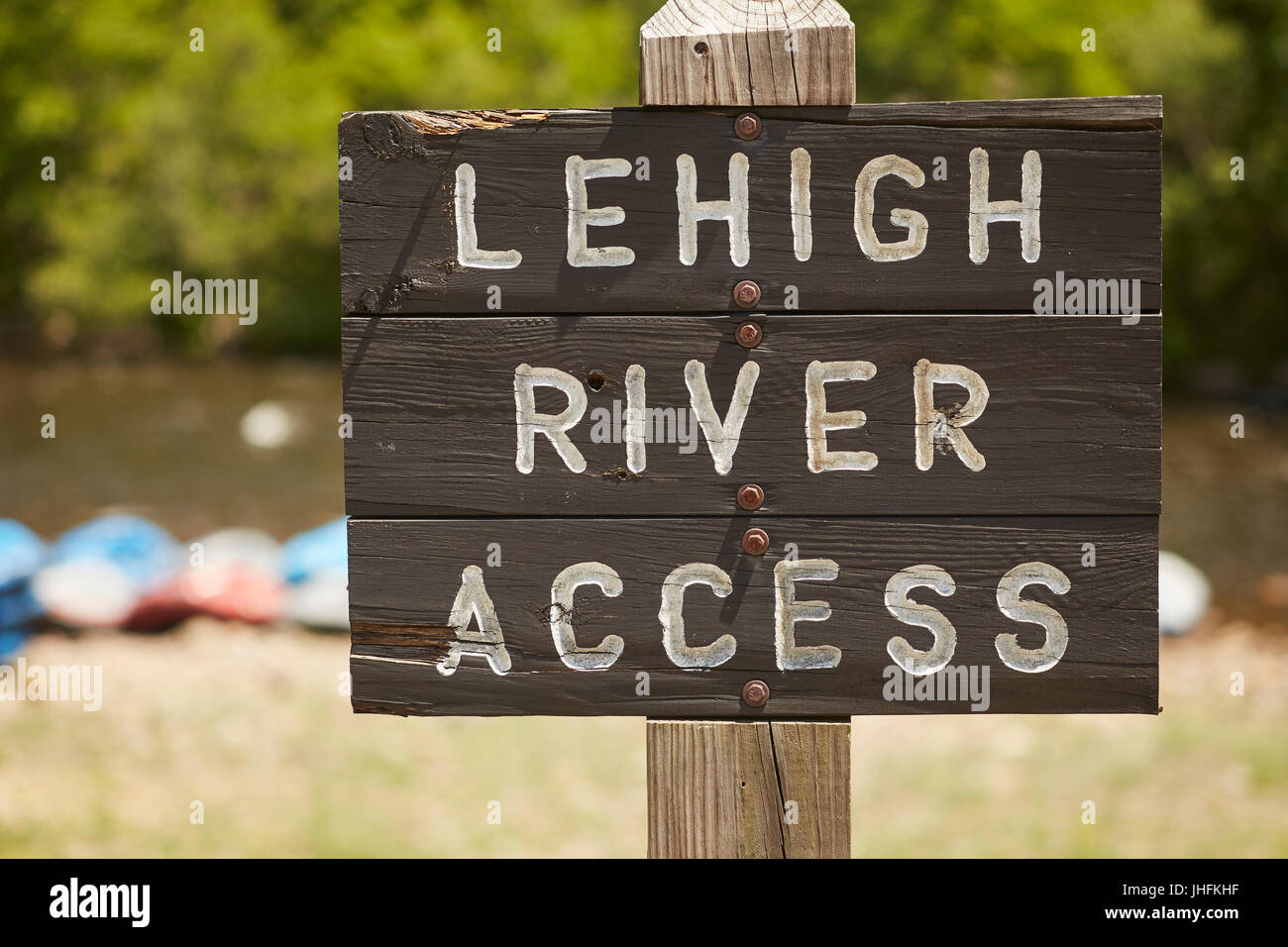 La Lehigh fiume segno di accesso, Jim Thorpe, PA, Stati Uniti d'America Foto Stock