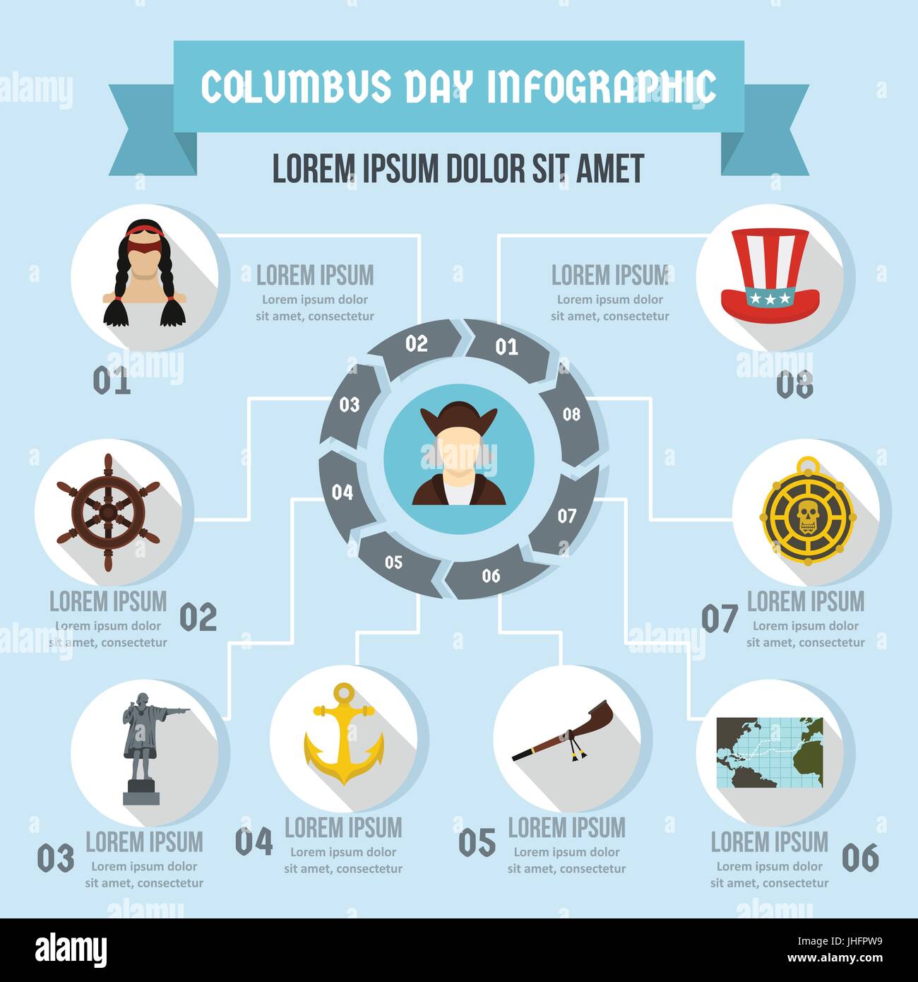 Il Columbus Day ed infografico concetto, stile piatto Illustrazione Vettoriale