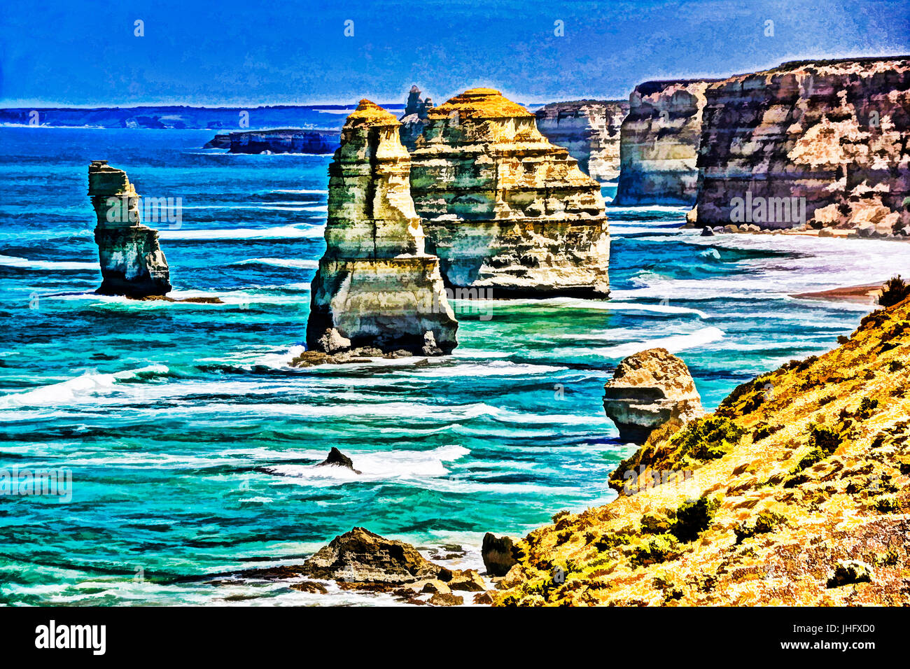 I dodici apostoli ammassamenti calcarei lungo la Great Ocean Road in Victoria, Australia. - Foto digitale arte pittura Foto Stock