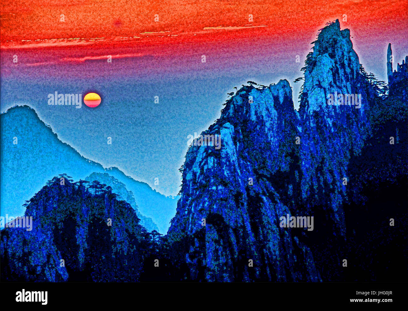 Huangshan (gialle di montagna tramonto). - Foto digitale arte pittura Foto Stock