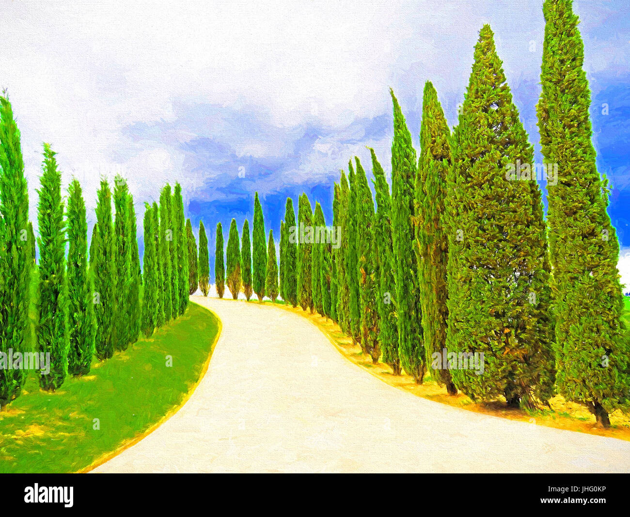 Cypress alberato in Toscana. - Foto digitale arte pittura Foto Stock