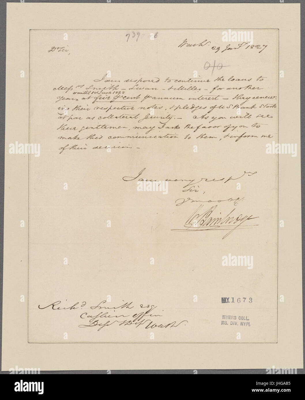 Questo documento si riferisce a una lettera o corrispondenza di William Bainbridge a Richard Smith, probabilmente discutendo questioni navali o militari durante la prima Repubblica americana. Foto Stock