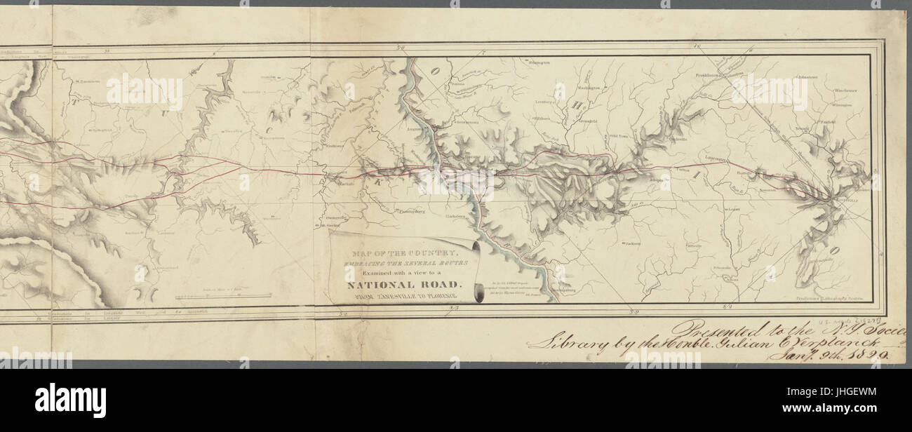 Mappa del paese che abbraccia i numerosi percorsi esaminati in vista di una strada nazionale, da Zanesville a Firenze (NYPL b20643872-5449862) Foto Stock