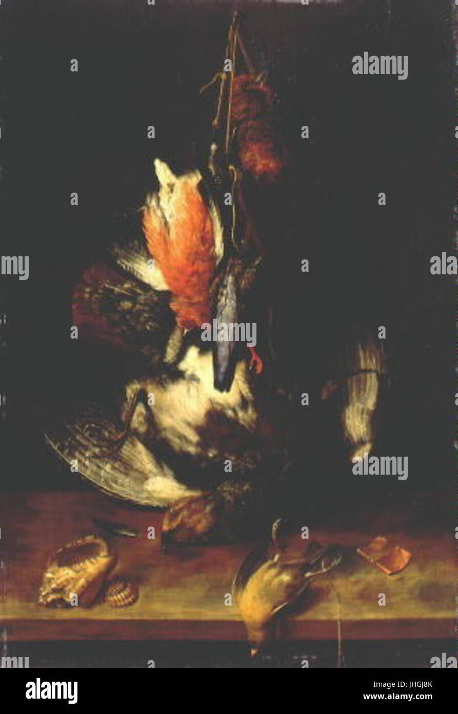 Un dipinto di natura morta di Jan Vojtech Angermayer, con uccelli morti, del XVII secolo. Questo lavoro mette in mostra l'esperienza dell'artista nell'catturare i dettagli naturalistici e il tema della vanitas. Foto Stock Un dipinto di natura morta di Jan Vojtech Angermayer, con uccelli morti, del XVII secolo. Questo lavoro mette in mostra l'esperienza dell'artista nell'catturare i dettagli naturalistici e il tema della vanitas. Foto Stock