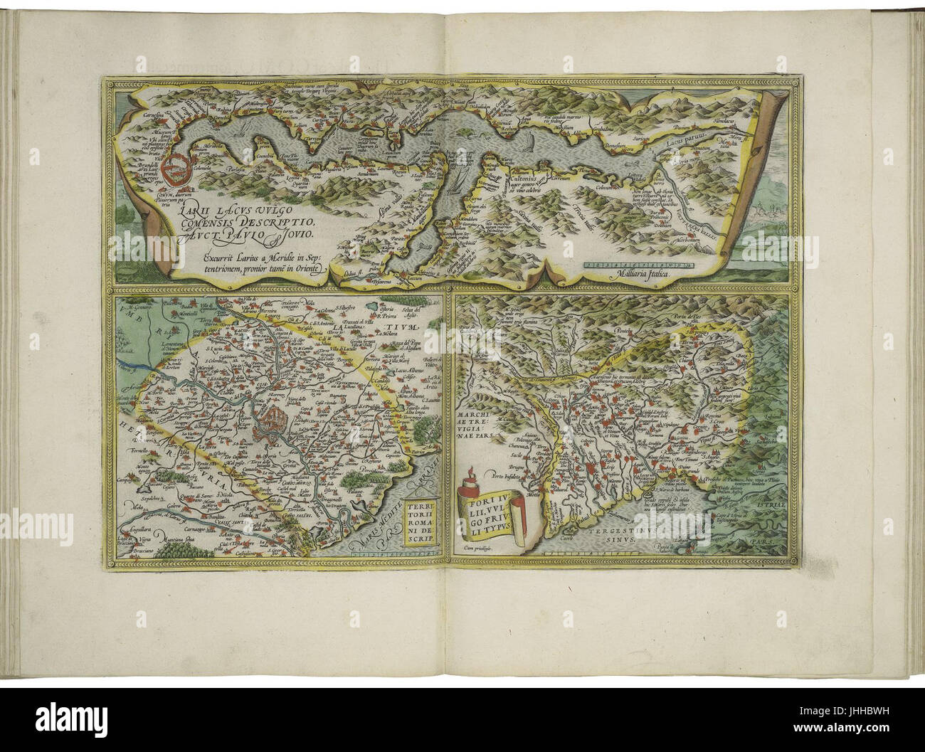 Mappe di Lago di Como, dei territori di Roma e del Forum Julii da Abraham Ortelius Foto Stock Mappe di Lago di Como, dei territori di Roma e del Forum Julii da Abraham Ortelius Foto Stock