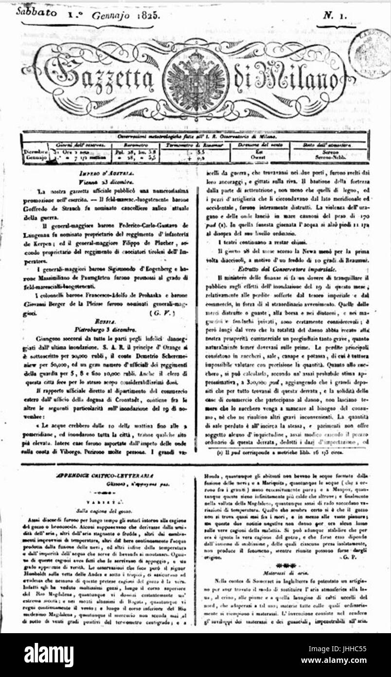 Gazzetta di Milano - Pagina anteriore 1 Gennaio 1825 Foto Stock