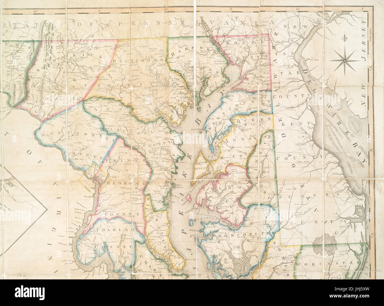 Mappa dello stato del Maryland - stabilite da un sondaggio effettivo di tutte le principali acque, strade pubbliche e delle divisioni delle contee al suo interno - che descrive la situazione delle città, (NYPL b14946024-1951067) Foto Stock