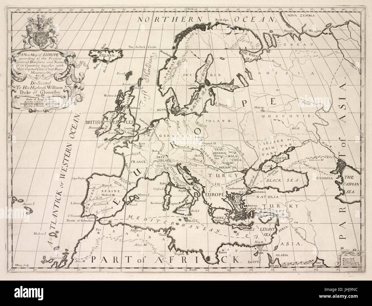 Una nuova mappa di Europa secondo la presente le Divisioni generali e i nomi dei suoi paesi insieme con i loro capitali, fiumi, montagne &c (NYPL b15114268-1630700) Foto Stock