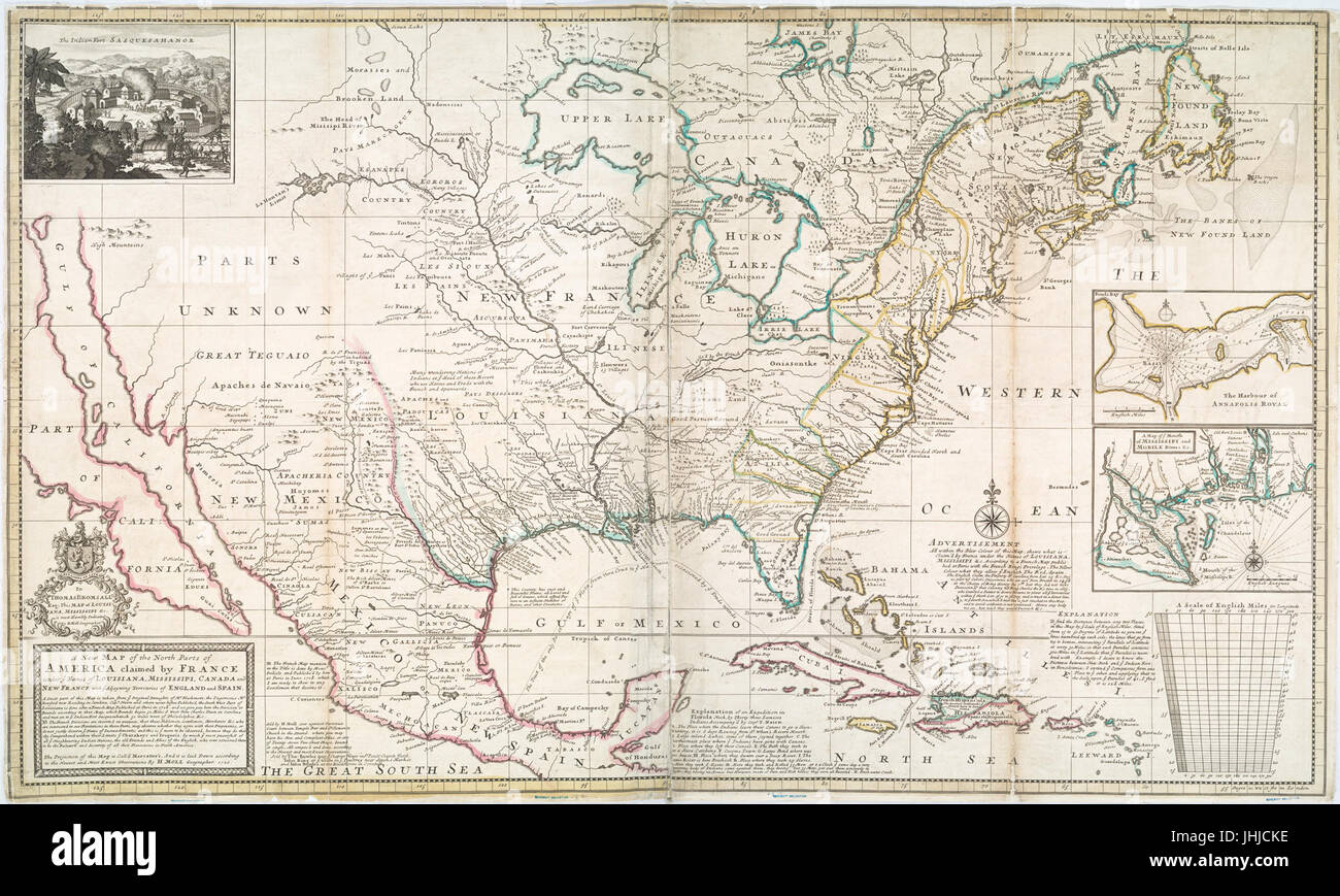 Una nuova mappa del nord parti dell America rivendicato dalla Francia sotto i nomi di voi della Louisiana, Mississipi, del Canada e della Nuova Francia, con voi adjoyning territori di Inghilterra e Spagna .. (NYPL b15369994-1953362) Foto Stock