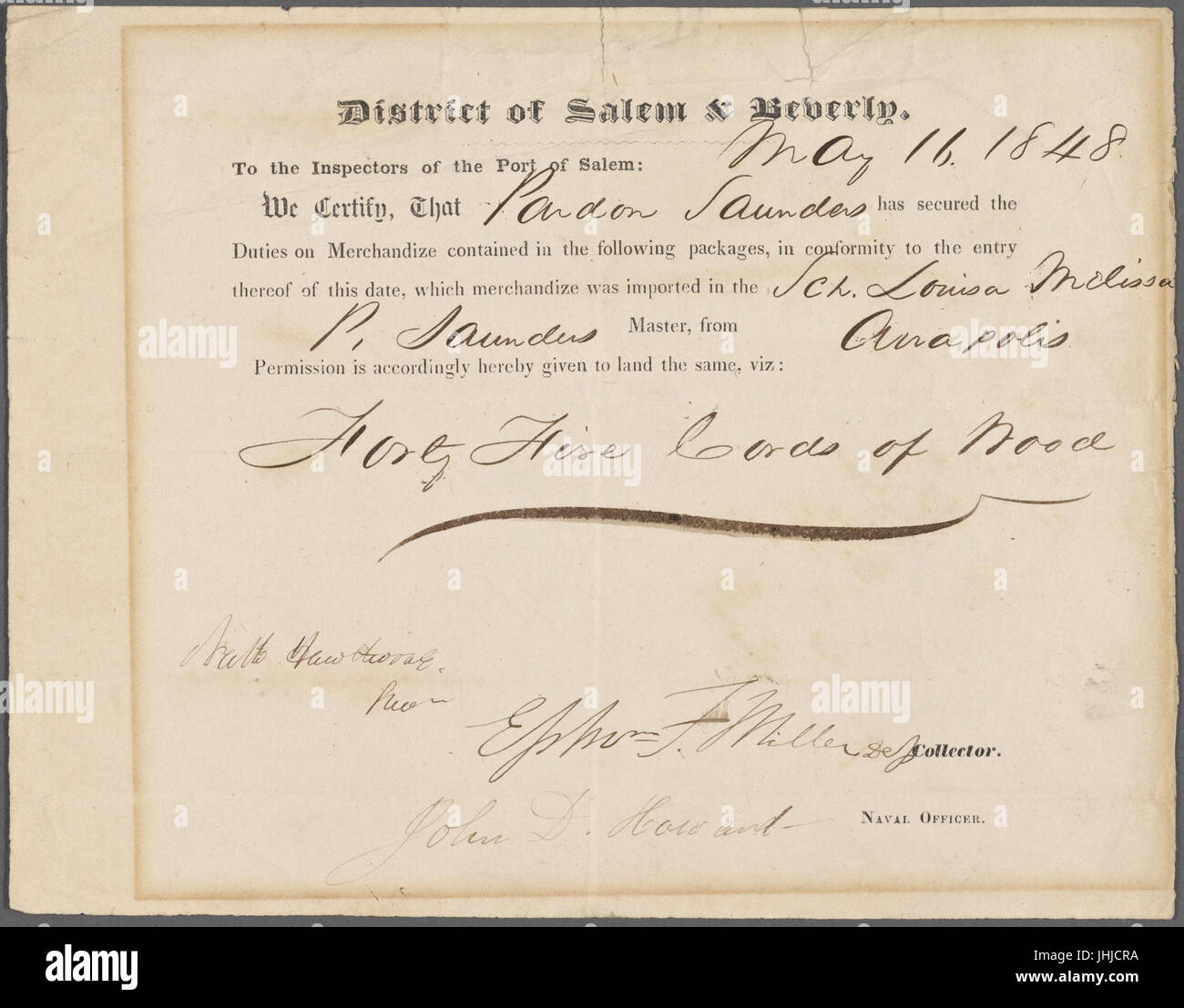 Collezionista certificato, 16 maggio 1848, per mansioni presso il porto di Salem. Controfirmati da Nathaniel Hawthorne (NYPL b15823745-5045014) Foto Stock