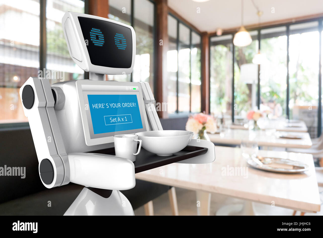 Robotics Tecnologia Tendenze concetto aziendale. Autonomo assistente personale robot personale per servire gli alimenti nel ristorante la sfocatura dello sfondo. Il rendering 3D Foto Stock