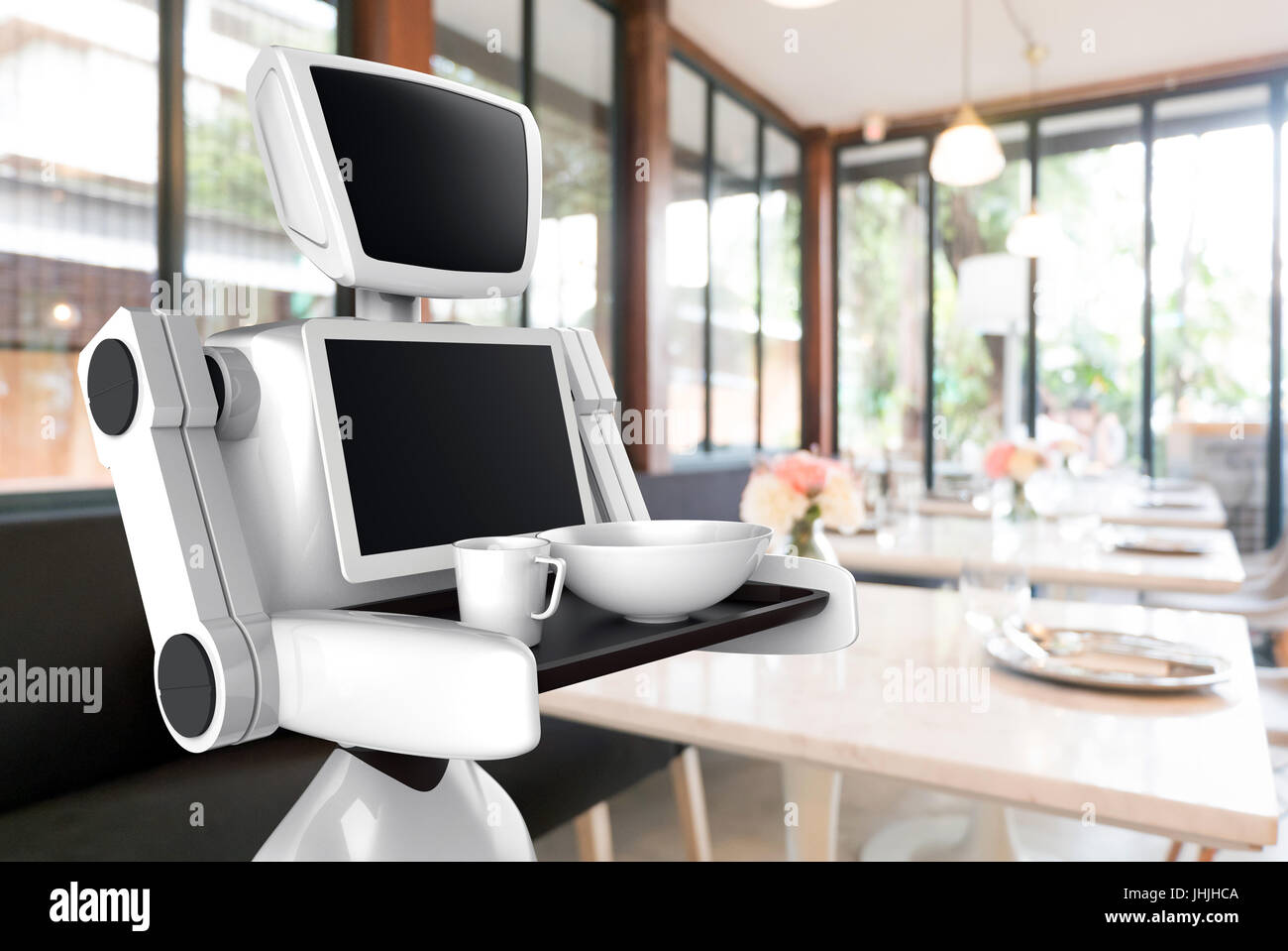 Robotics Tecnologia Tendenze concetto aziendale. Autonomo assistente personale robot personale per servire gli alimenti nel ristorante la sfocatura dello sfondo. Il rendering 3D Foto Stock