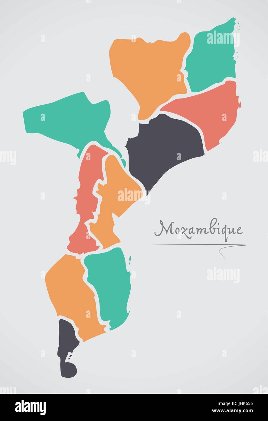 Mappa di Mozambico con gli stati e le moderne forme rotonde Illustrazione Vettoriale
