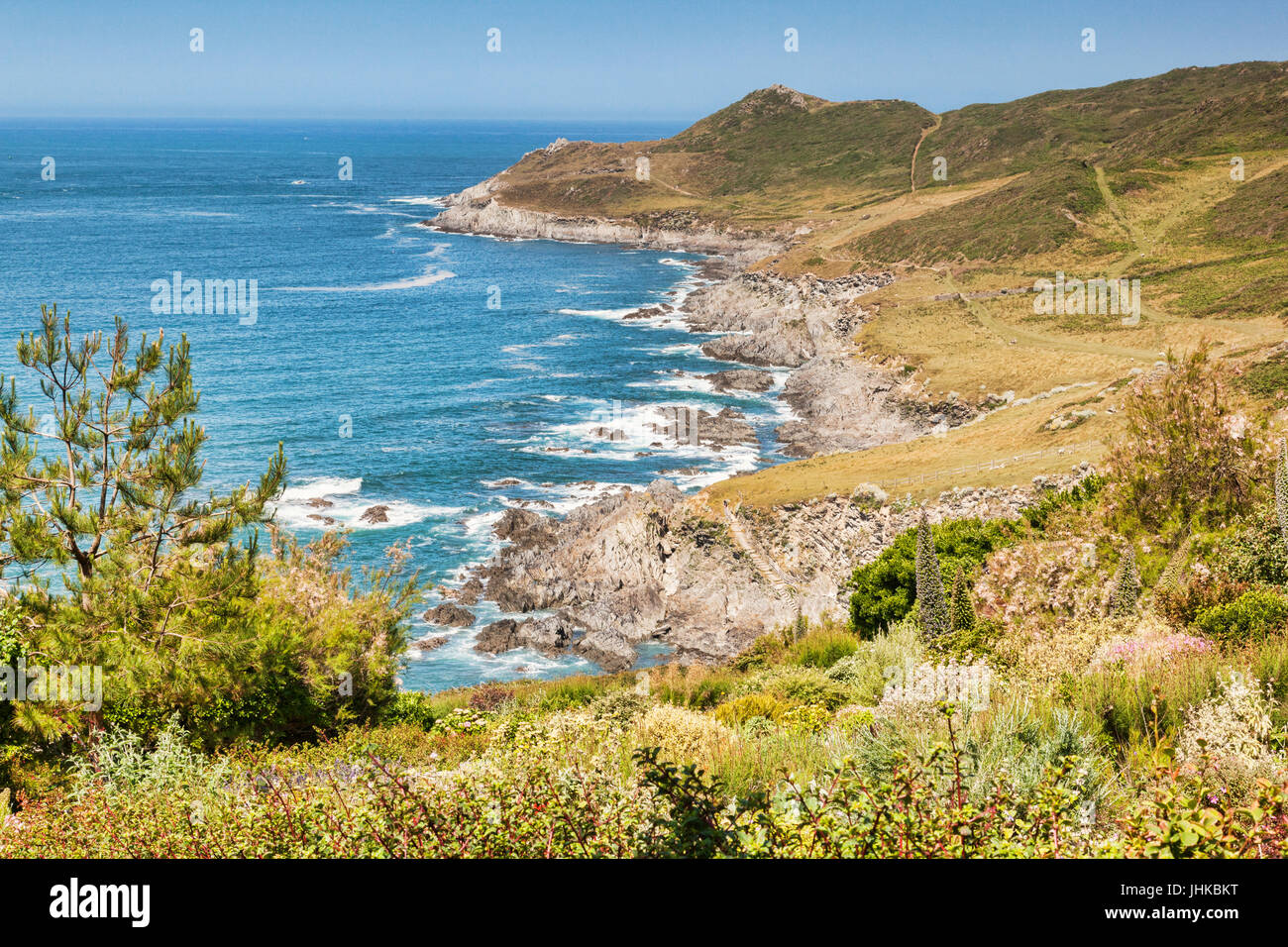 Lungo la costa sud occidentale il percorso vicino a Woolacombe, Devon, Inghilterra, Regno Unito, dirigendosi verso morte punto, su uno dei giorni più caldi dell'anno. Foto Stock