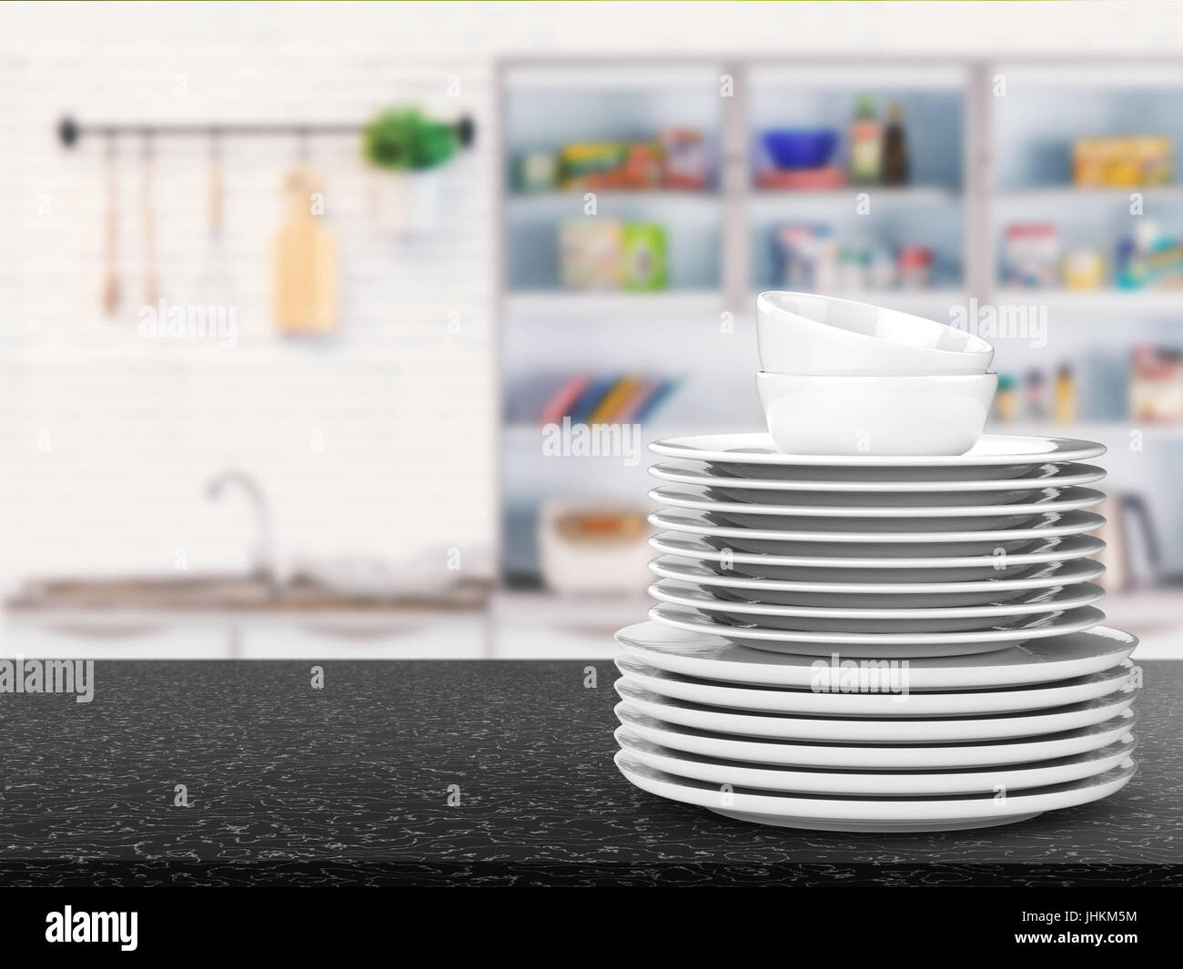 3D rendering pila di piatti con sfondo di cucina Foto Stock