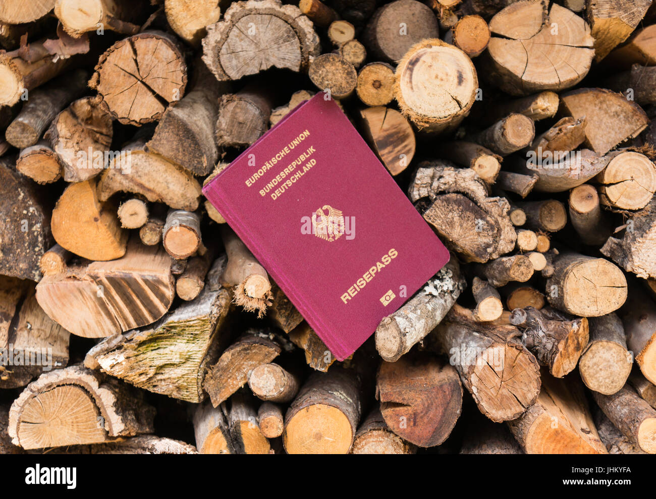 Un passaporto tedesco bloccato tra il legname Foto Stock