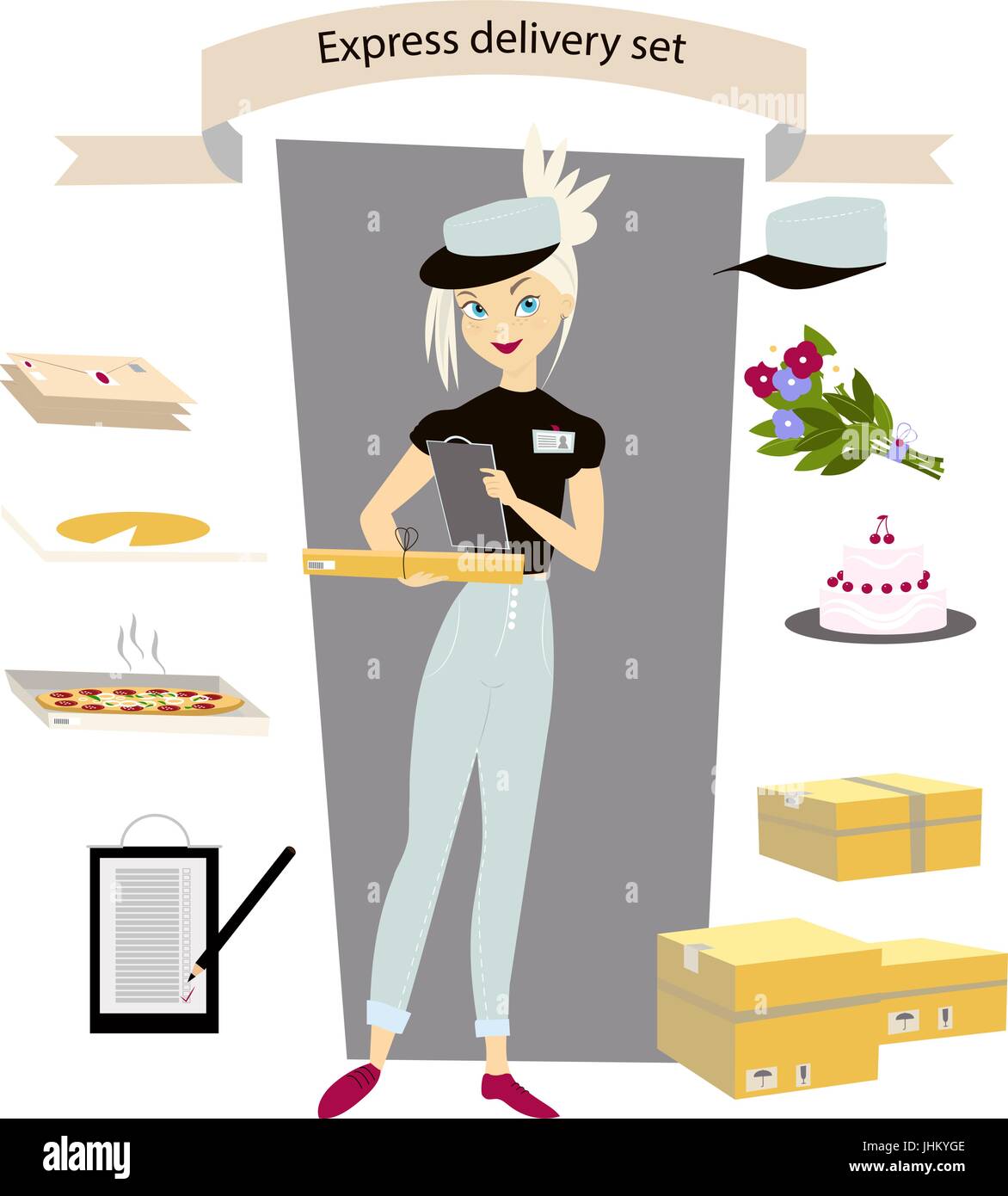 Express consegna, impostare. Ragazza giovane con corriere un pacco, Lettera, torta, pizza, fiori in mano Illustrazione Vettoriale