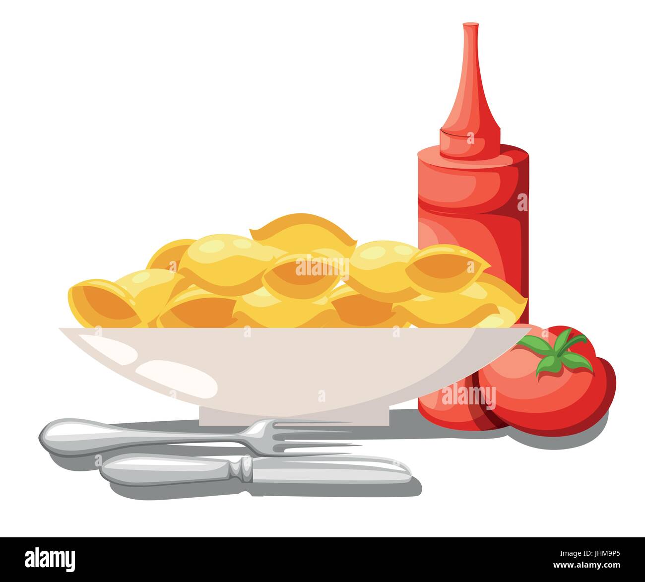 Maccheroni impostato vettore collezione di pasta alimentare italiana di salsa di pomodoro, ketchup in vaso con vegetali. Illustrazione di vettore per il menù del ristorante. Pagina del sito Web Illustrazione Vettoriale