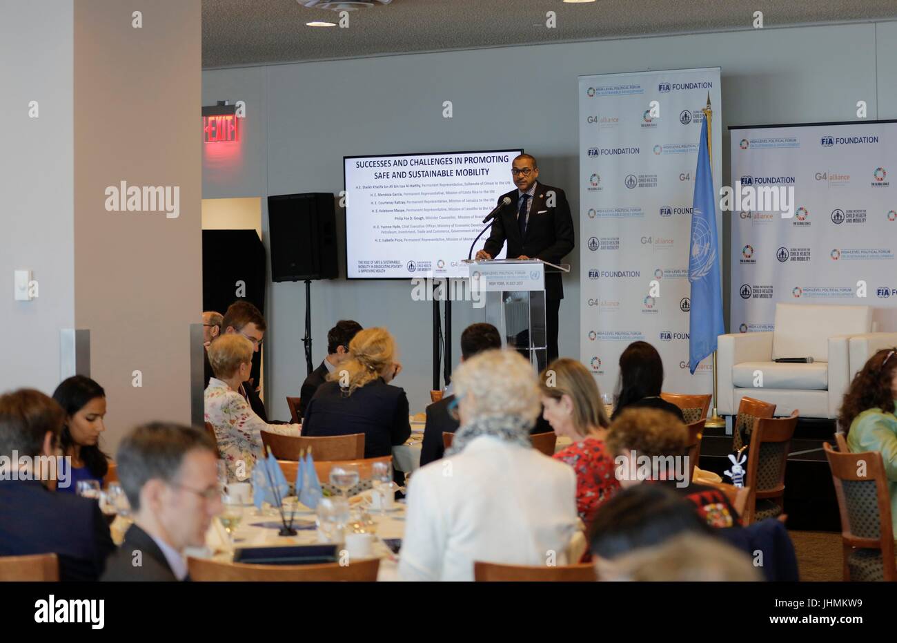 Nazioni Unite, New York, Stati Uniti d'America, 14 Luglio 2017 - Courtenay Rattray, Rappresentante permanente della Giamaica presso le Nazioni Unite ha partecipato a un incontro sulla sicurezza delle strade per raggiungere SDG 3 per ridurre gli incidenti stradali e di ospedalizzazione del 50% entro l'anno 2020 oggi presso la sede delle Nazioni Unite a New York City. Foto: Luiz Rampelotto/EuropaNewswire | Utilizzo di tutto il mondo Foto Stock