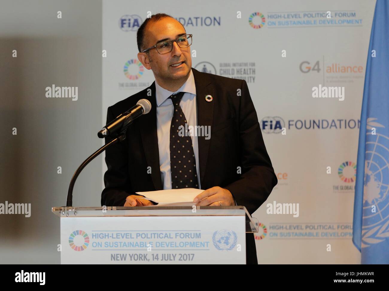 Nazioni Unite, New York, Stati Uniti d'America, 14 Luglio 2017 - Saul Billingsley è Direttore Esecutivo della Fondazione FIA ha partecipato a un incontro sulla sicurezza delle strade per raggiungere SDG 3 per ridurre gli incidenti stradali e di ospedalizzazione del 50% entro l'anno 2020 oggi presso la sede delle Nazioni Unite a New York City. Foto: Luiz Rampelotto/EuropaNewswire | Utilizzo di tutto il mondo Foto Stock