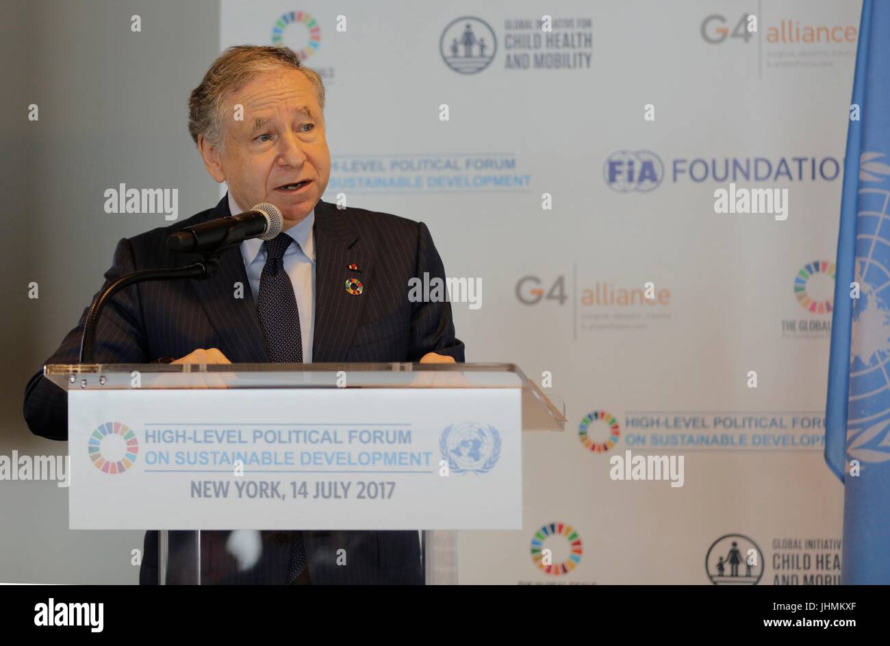 Nazioni Unite, New York, Stati Uniti d'America, 14 Luglio 2017 - Jean Todt, l inviato speciale dell ONU per la sicurezza stradale ha partecipato a un incontro sulla sicurezza delle strade per raggiungere SDG 3 per ridurre gli incidenti stradali e di ospedalizzazione del 50% entro l'anno 2020 oggi presso la sede delle Nazioni Unite a New York City. Foto: Luiz Rampelotto/EuropaNewswire | Utilizzo di tutto il mondo Foto Stock