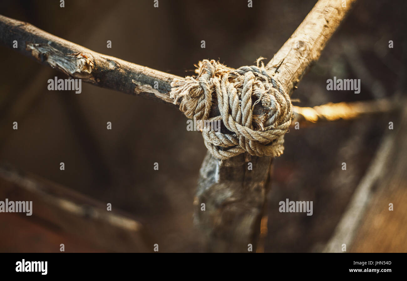 Nodo di corde sul brunch di legno, parte del piccolo recinto in legno. Foto Stock