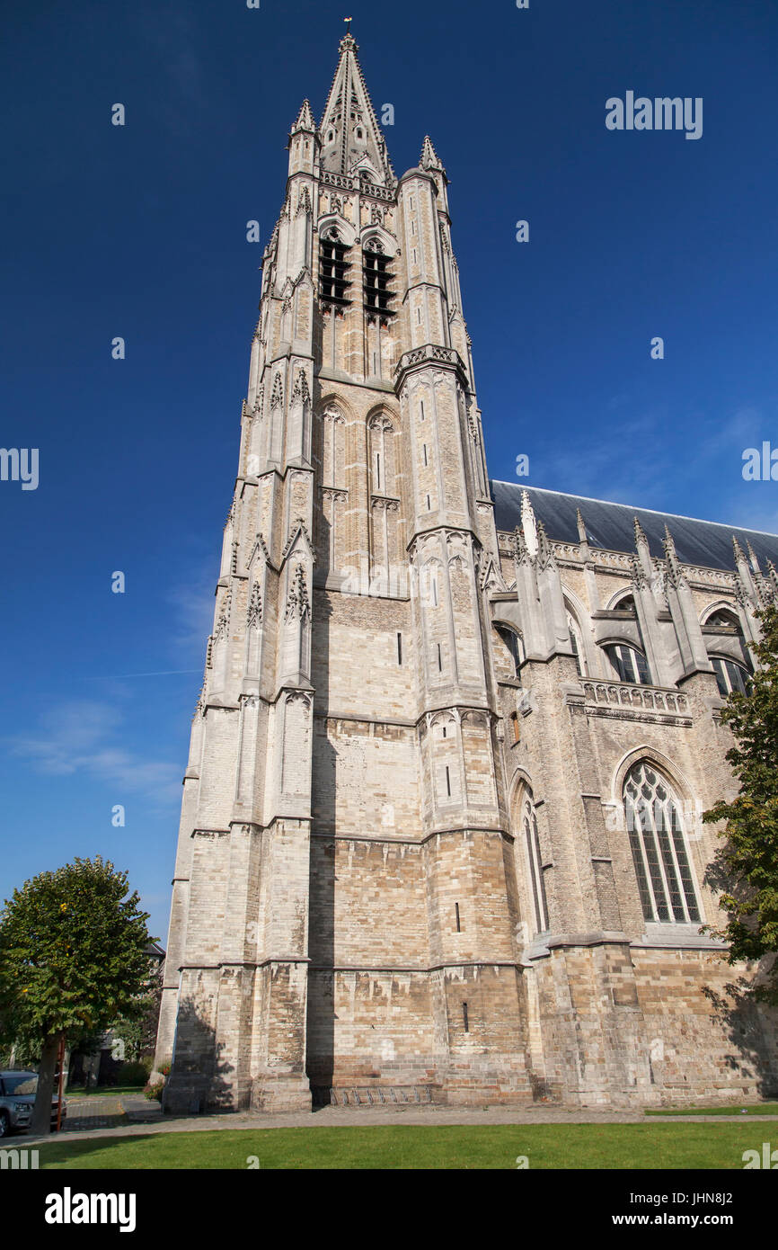 Torre del Saint Martin nella cattedrale di Ypres, Fiandre Occidentali, Belgio. Foto Stock