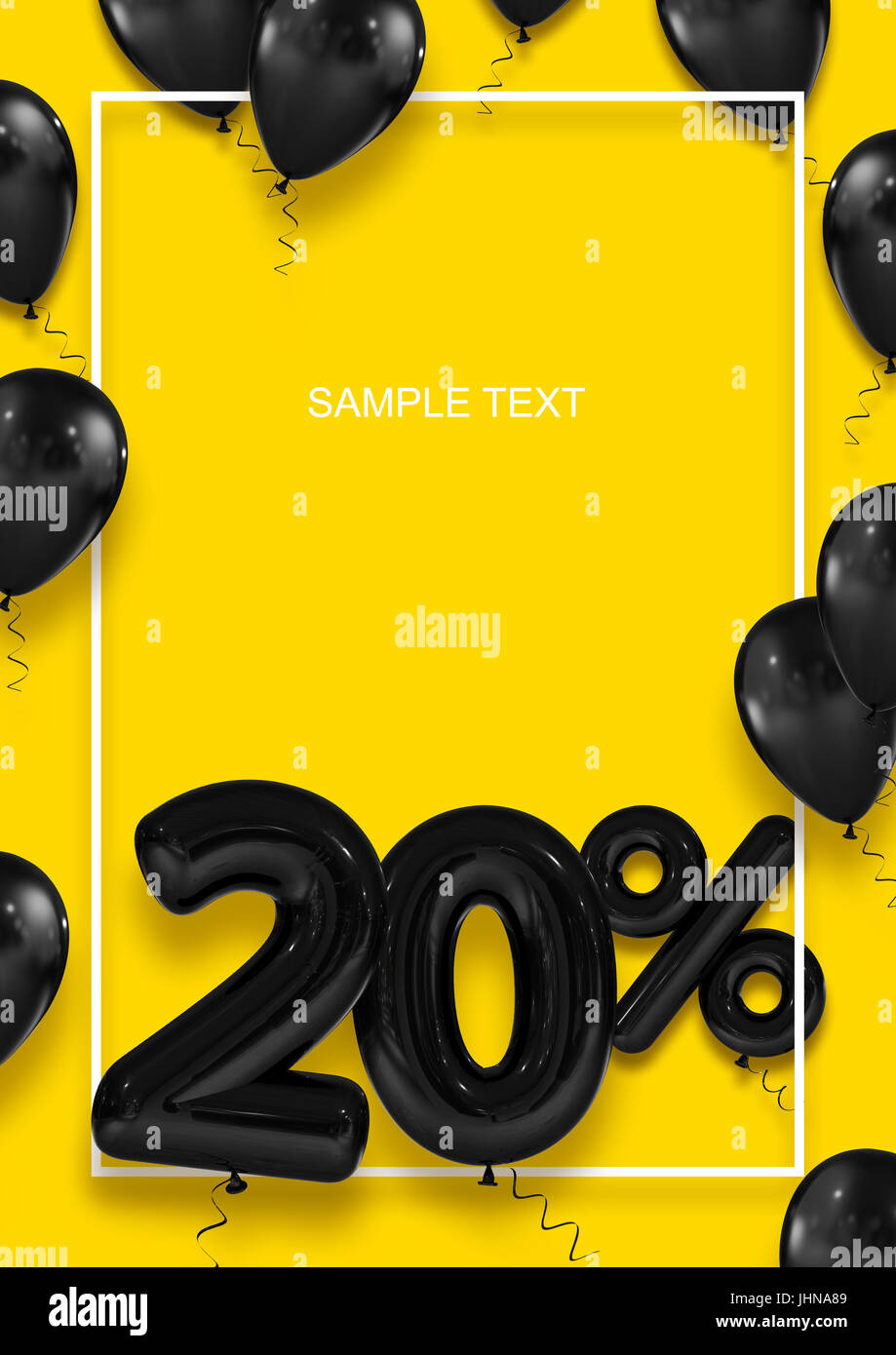 Modello di poster per le vendite. Il venti per cento di sconto. Palloni gonfiabili in una cornice bianca su sfondo giallo. International formati di carta. 3D render Foto Stock