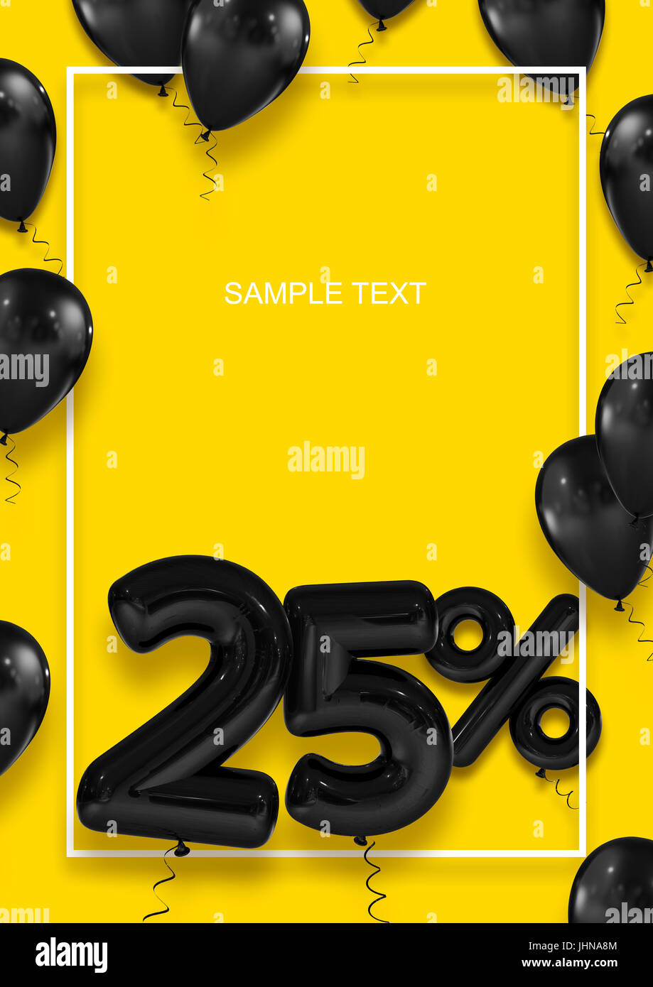 Modello di poster per le vendite. Il venti per cento di sconto. Palloni gonfiabili in una cornice bianca su sfondo giallo. International formati di carta. 3D render Foto Stock