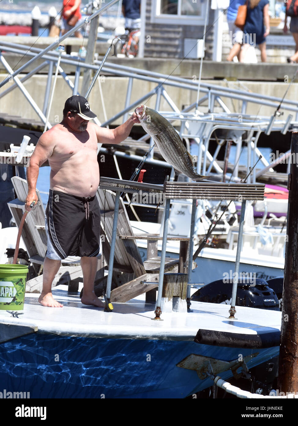 Un uomo che sta per pulire un pesce appena pescato nel porto a Provincetown, Massachusetts il Cape Cod Foto Stock