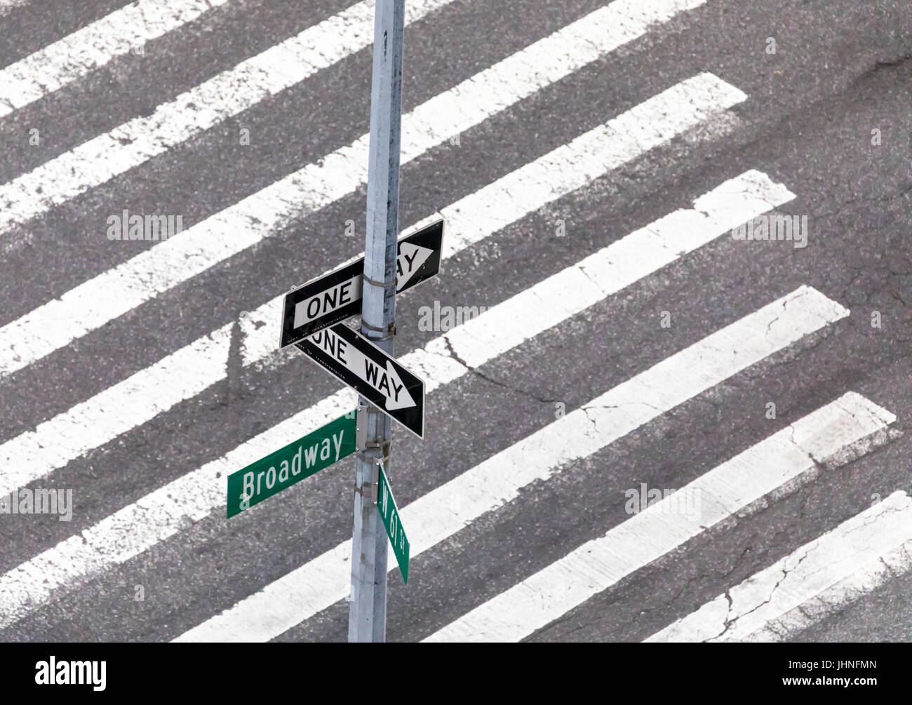 Segni di traffico in una intersezione di nyc che indica la direzione e la posizione con una croce a piedi Foto Stock