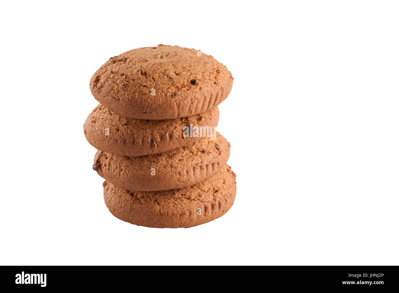 Dettaglio delle quattro dorate e croccanti biscotti di avena su bianco Foto Stock
